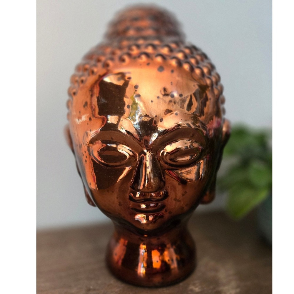 Vintage Copper Buddha Head Statue Zen Decor Mercury Glass Meditation Home Accent